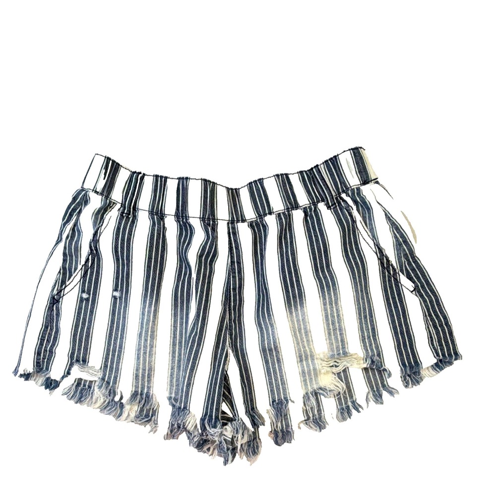Rewash Women's Striped Cut Off Shorts Pull On Pockets Denim Fringe Mid Rise M